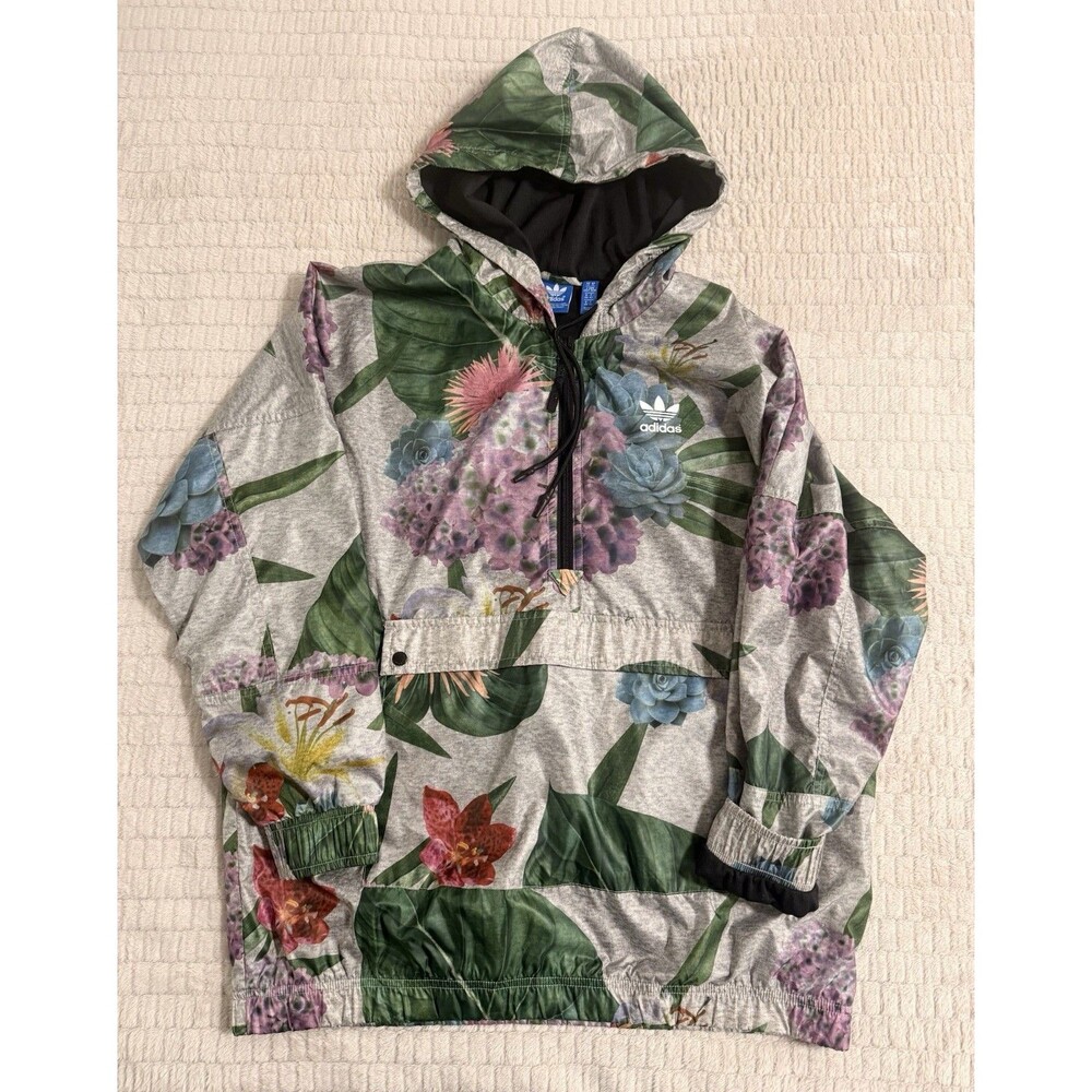adidas Floral Print Gray Pullover Hoodie Drawstring Men’s Size M